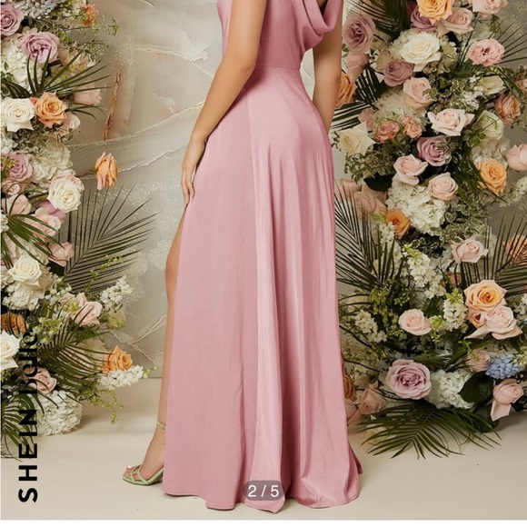 Light pink satin floral length dress - Picture 6 of 6